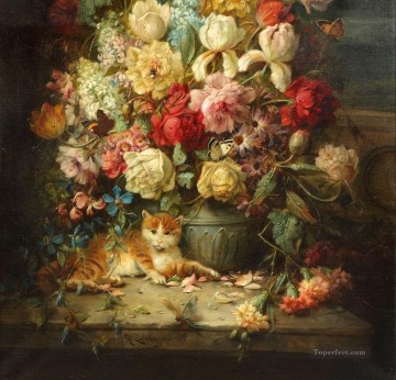 Cat Painting - cat under flowers Hans Zatzka
